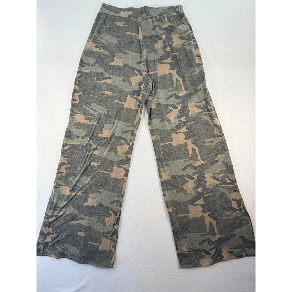 7th Ray Camo Wide Leg Lounge Pants Green Camouflage Side Slit Large P-3585